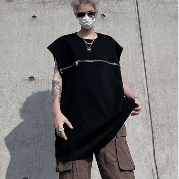 黒コーデ ジッパーデザイン オーバーサイズ袖なしトップス