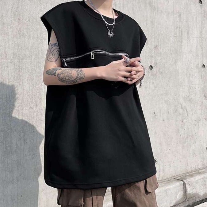 黒コーデ ジッパーデザイン オーバーサイズ袖なしトップス