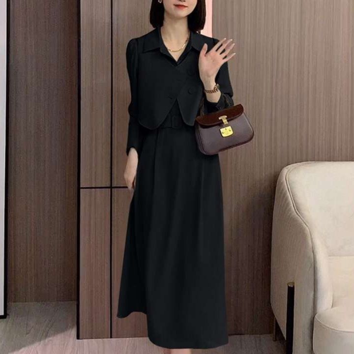 黒コーデ エレガントクロップドジャケット付きロングワンピース