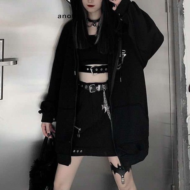 黒コーデ 悪魔耳フード付きジップアップパーカー パーカー|黒