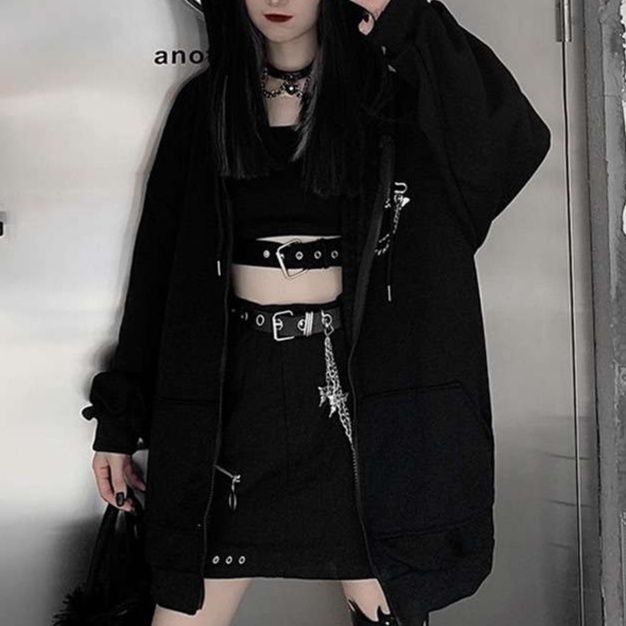 黒コーデ 角つき悪魔風フード付きオーバーサイズジャケット