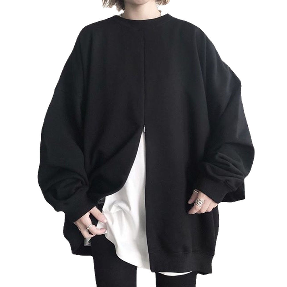 黒コーデ 前スリット入り長袖プルオーバー ゆったりサイズ