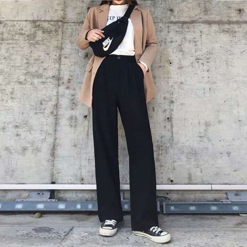 黒コーデ ハイウエストワイドパンツ