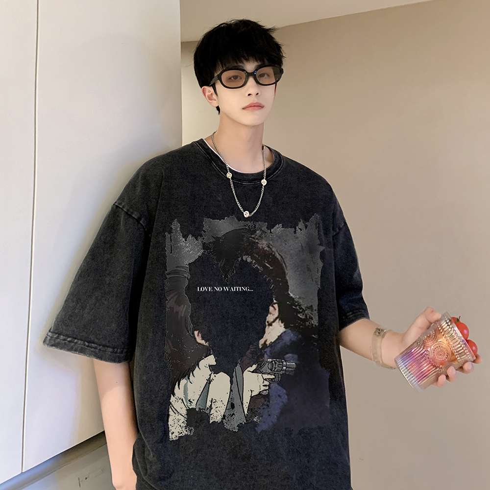 黒コーデ モノクロアートプリントオーバーサイズTシャツ