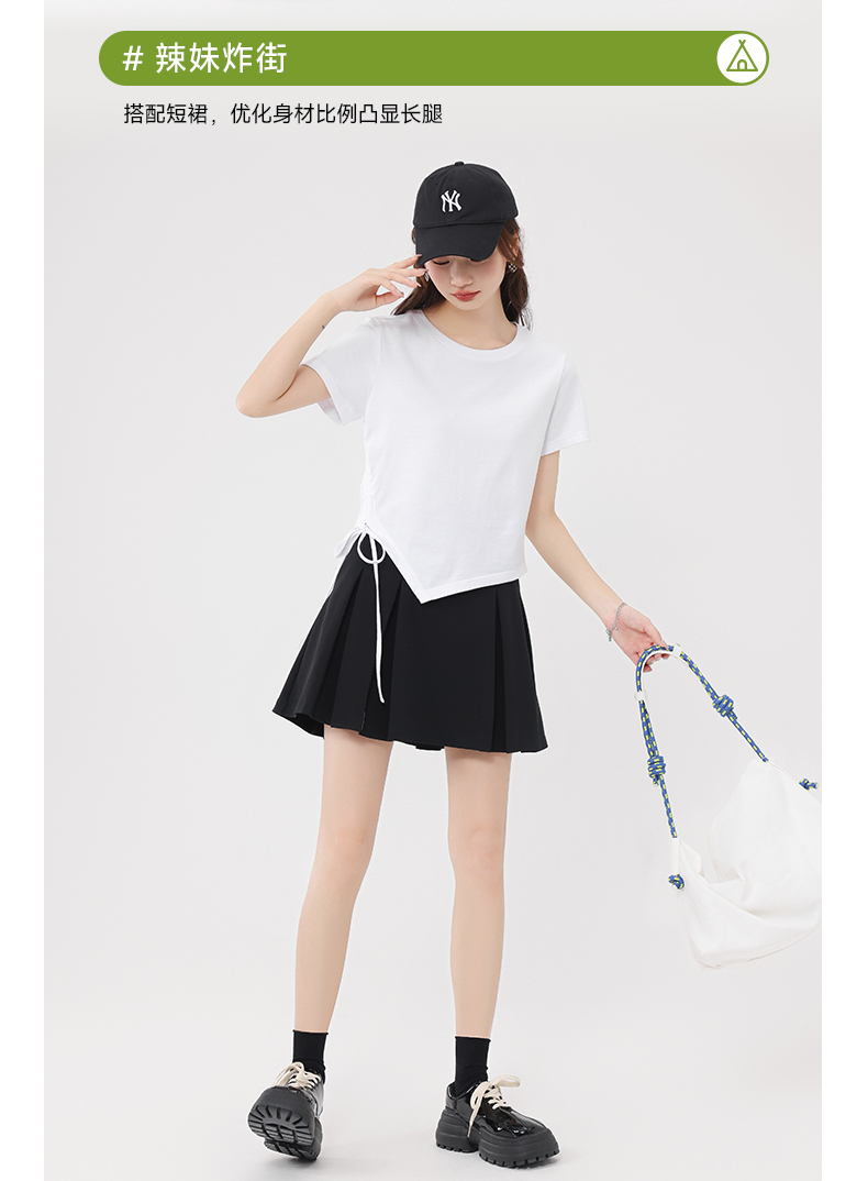 白Tシャツ サイドリボン 非対称裾デザイン Tシャツ