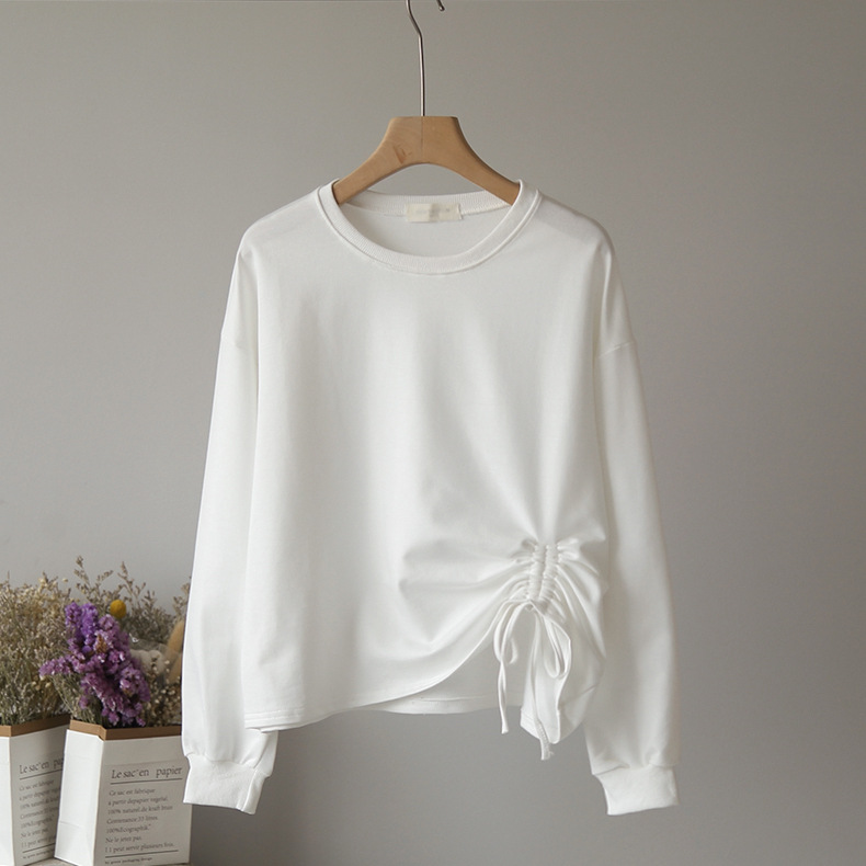 白Tシャツ 大人可愛い裾シャーリング白ティーシャツ