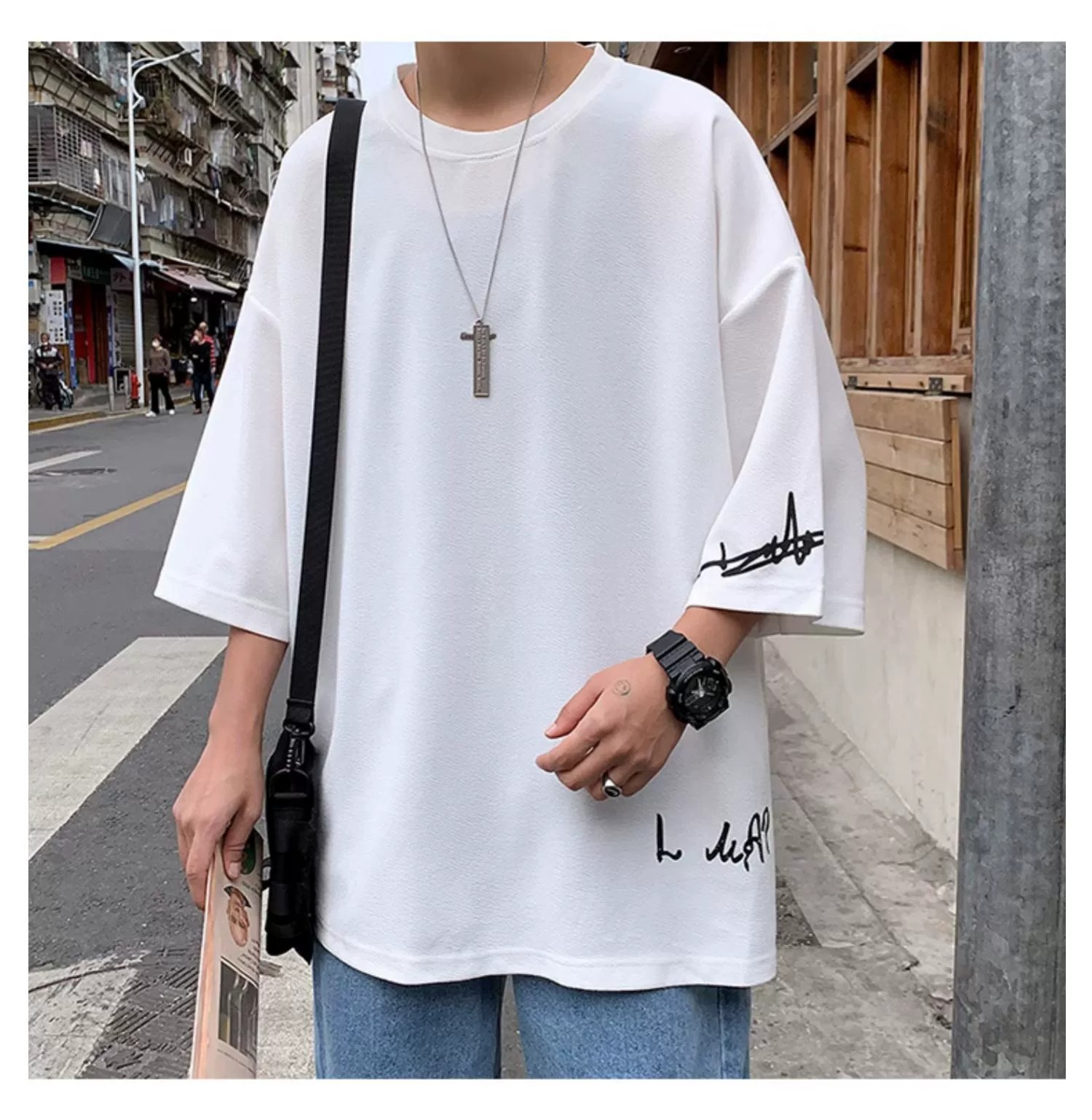 白Tシャツメンズ ワンポイント刺繍入りオーバーサイズ七分袖Tシャツ