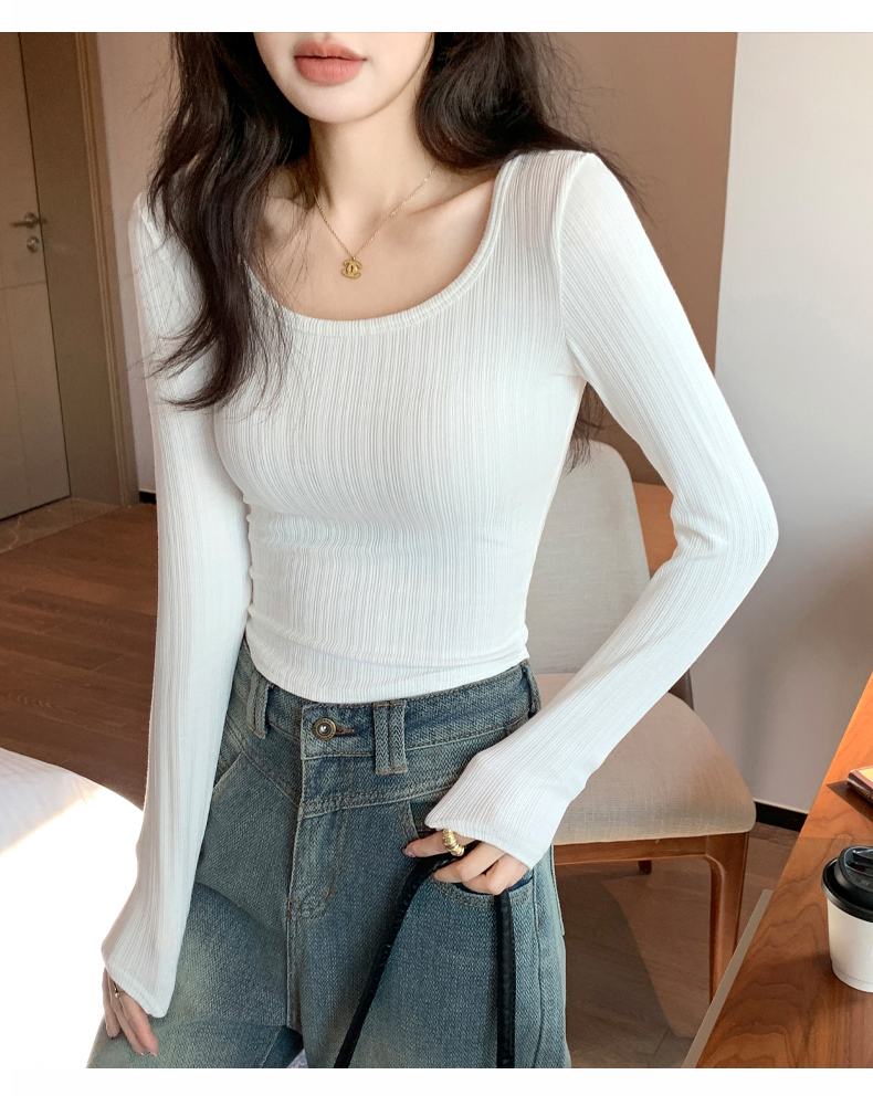 白Tシャツ レディース リブ編み長袖ラウンドネック