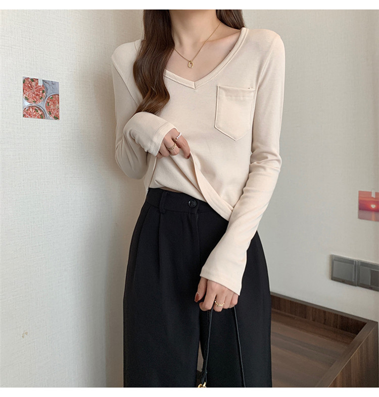 白Tシャツ 裏起毛ブイネック長袖白基調シャツ