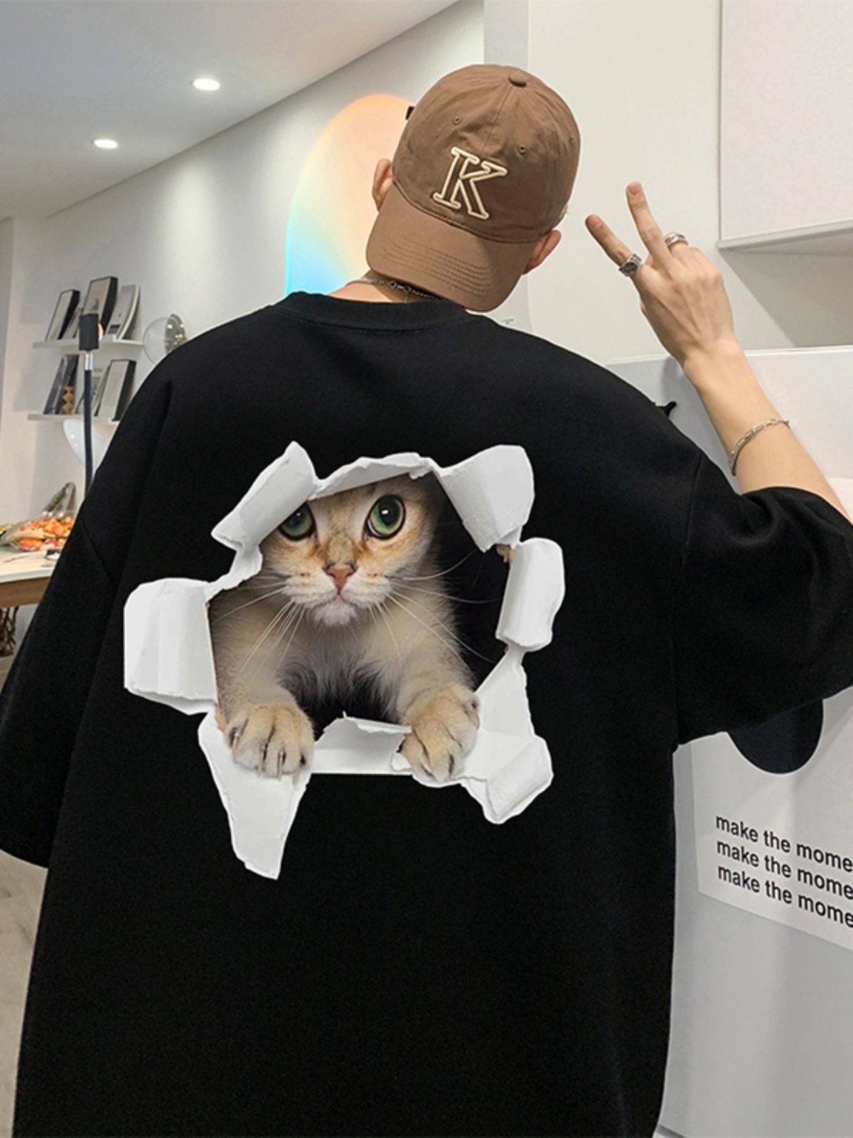 白Tシャツ メンズ 飛び出す猫 立体デザイン半袖