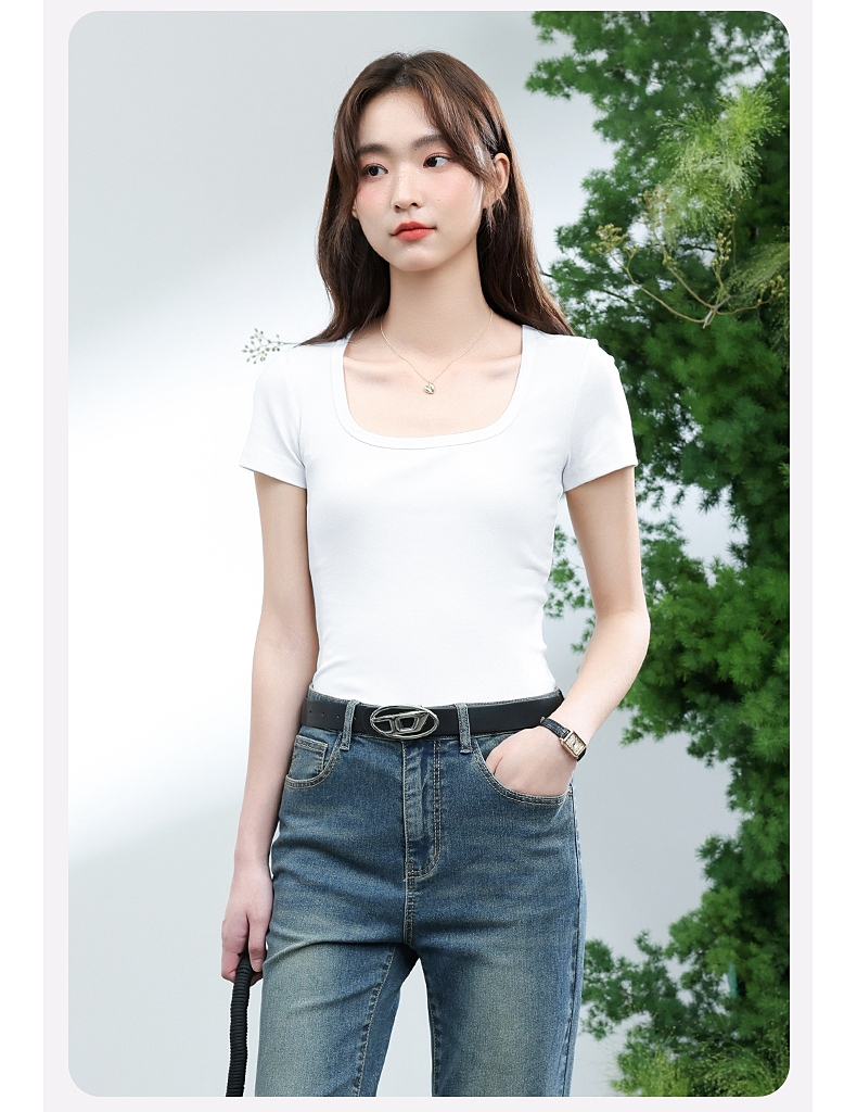 白Tシャツ リブ編み角型ネック半袖カットソー