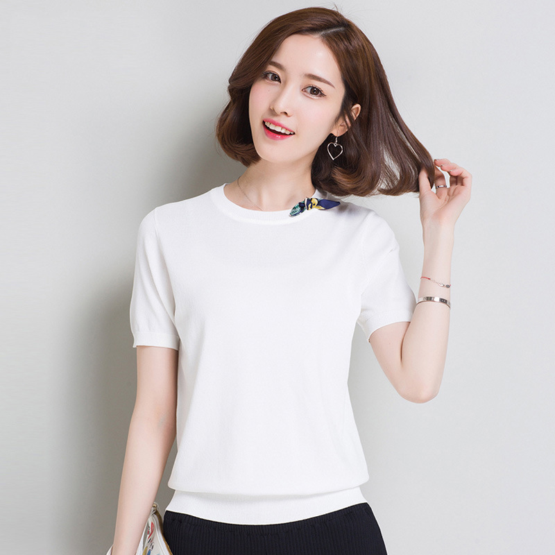 白Tシャツ 丸首半袖ニット素材シンプル半袖カットソー