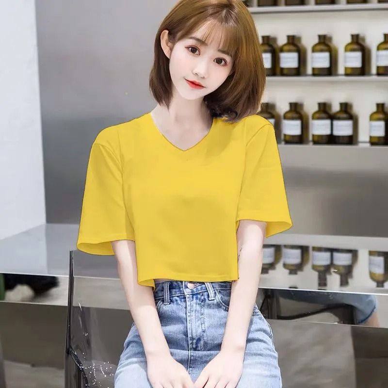 白Tシャツ 深めブイネック短丈半袖トップス