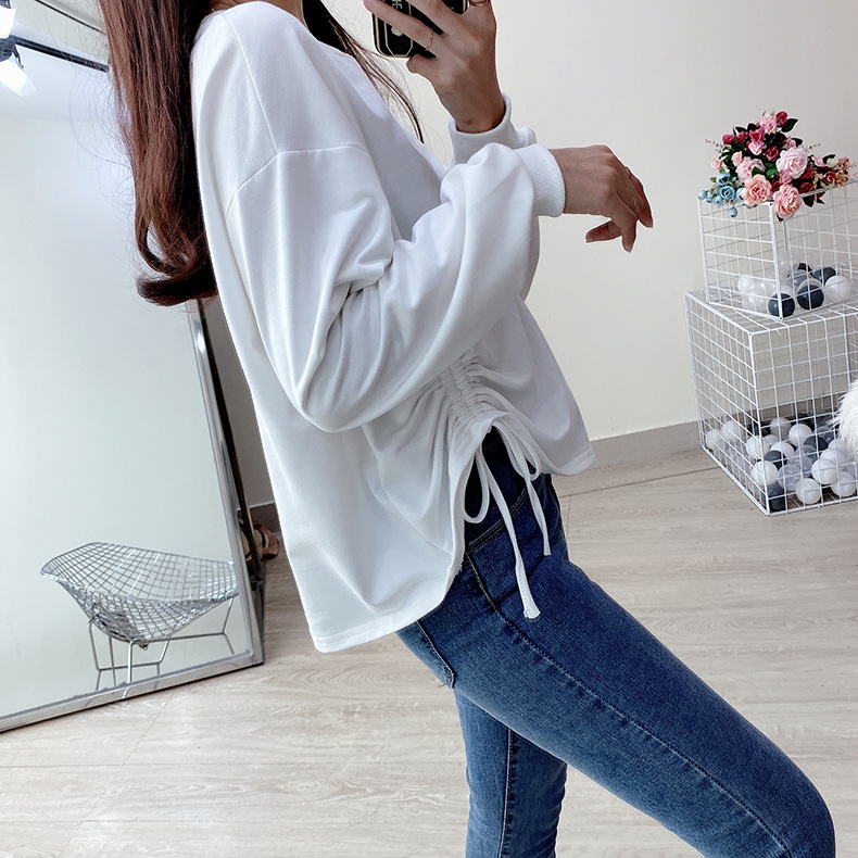 白Tシャツ 大人可愛い裾シャーリング白ティーシャツ