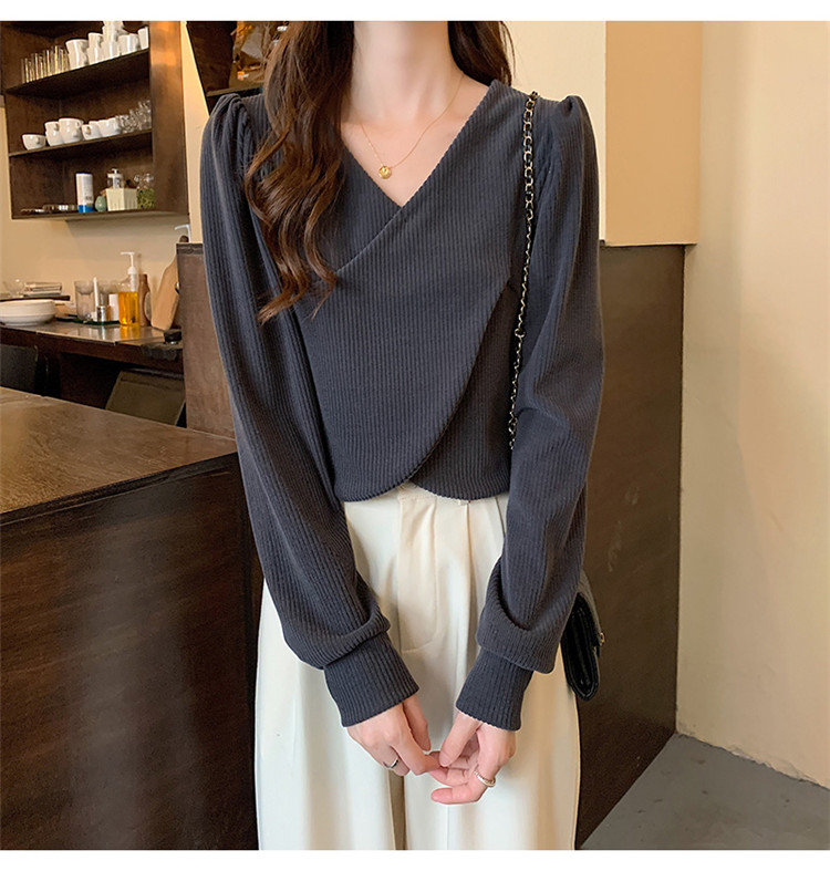 白Tシャツ ブイネック パフスリーブ 交差デザイン 長袖 白色トップス レディース