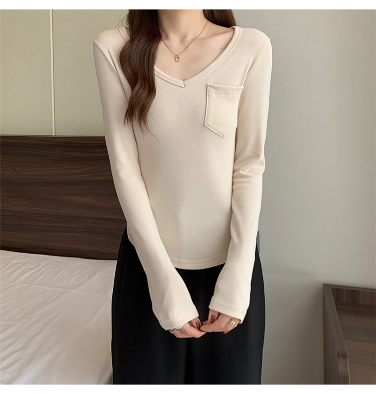 白Tシャツ 裏起毛ブイネック長袖白基調シャツ