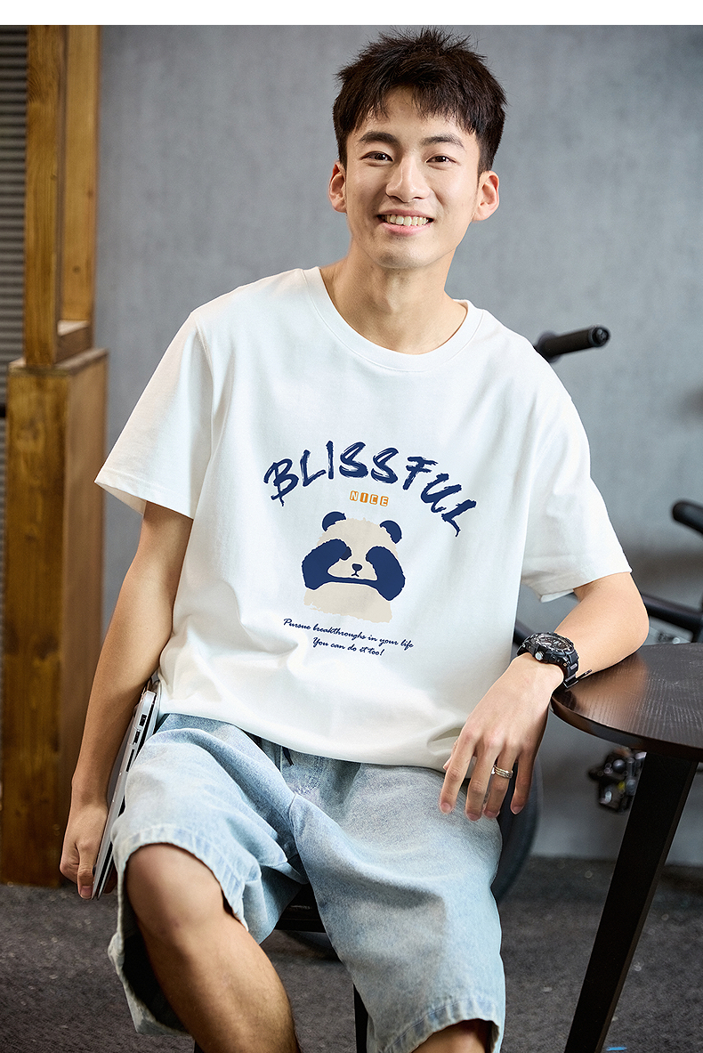 白Tシャツ メンズ 幸せパンダ イラスト半袖シャツ
