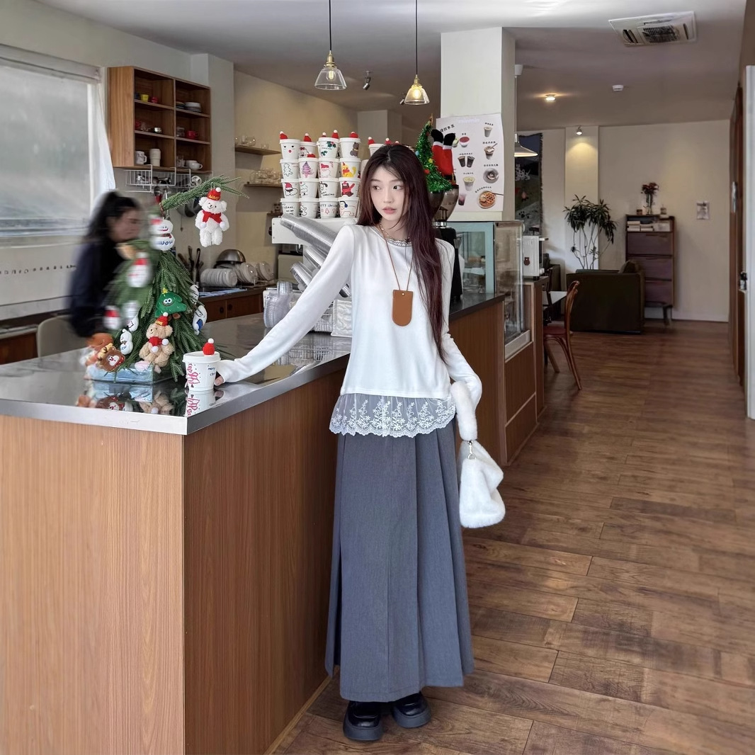 白Tシャツ レディース裾レース切替長袖カットソートップス