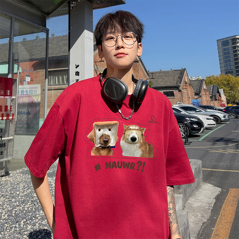 白Tシャツ メンズ パン顔わんこ ゆるプリント半袖