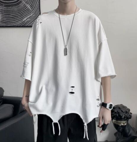 メンズ 白Tシャツ 半袖 ダメージ加工 オーバーサイズ