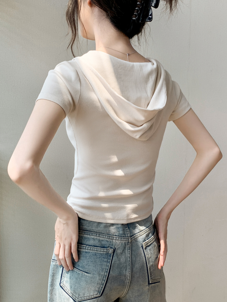 白Tシャツ フード付きリブジップネックトップス