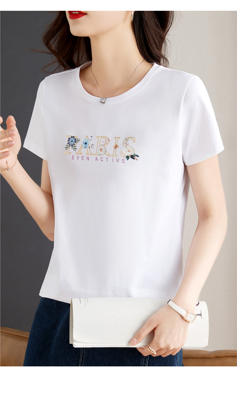 白Tシャツ 花柄レタリング装飾丸首半袖シャツ
