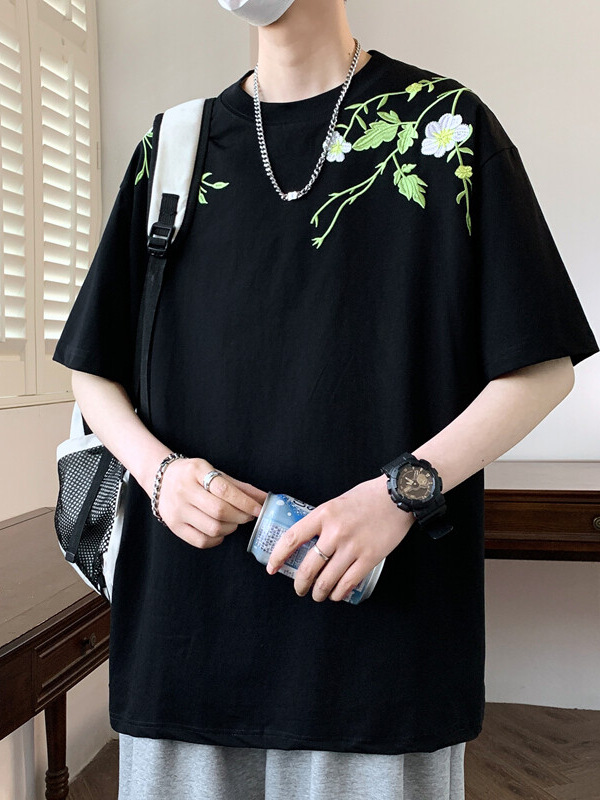 白Tシャツ メンズ 花草刺繍ゆったり半袖