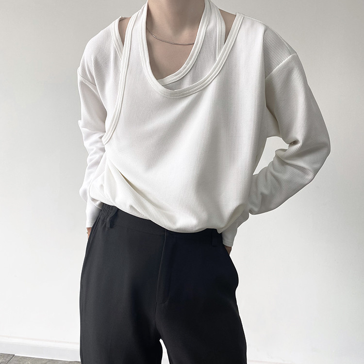 白Tシャツ 春夏メンズ重ね着風白色長袖シャツゆったりデザイン