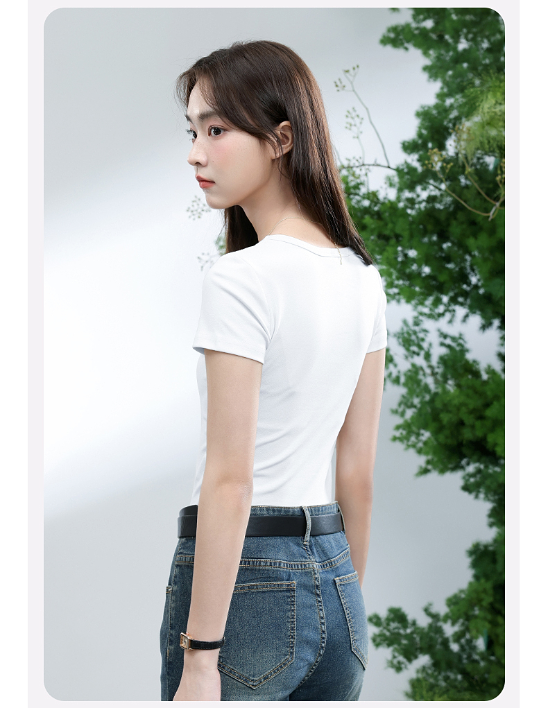 白Tシャツ リブ編み角型ネック半袖カットソー