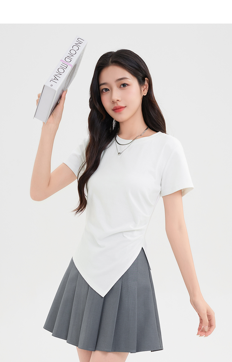 白Tシャツ レディース 非対称裾デザイン上質半袖カットソー