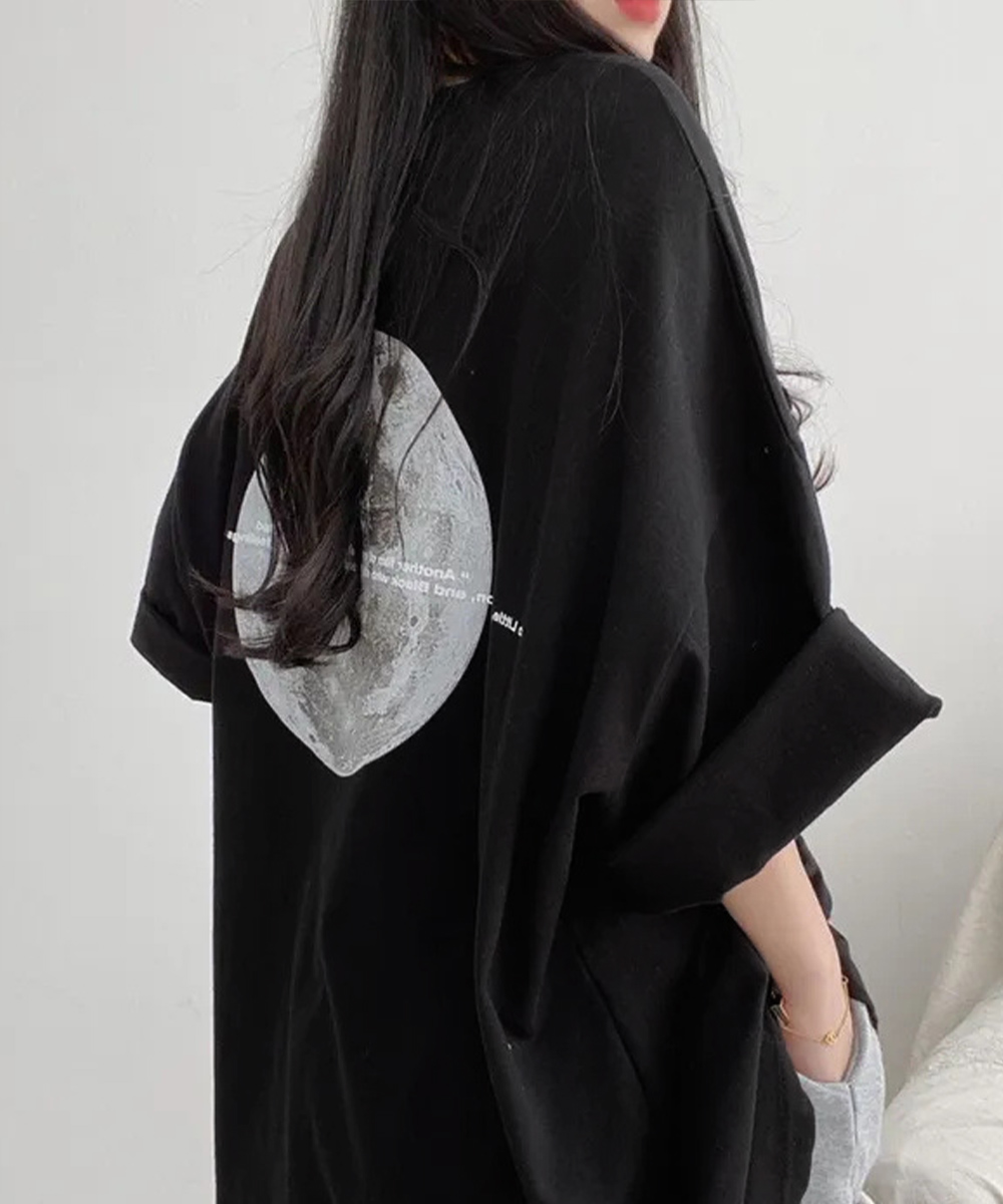 白Tシャツ 月柄バックプリント ゆったり半袖Tシャツ