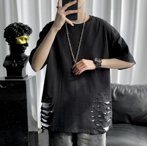 白Tシャツ メンズ白半袖ダメージ加工クルーネック半袖