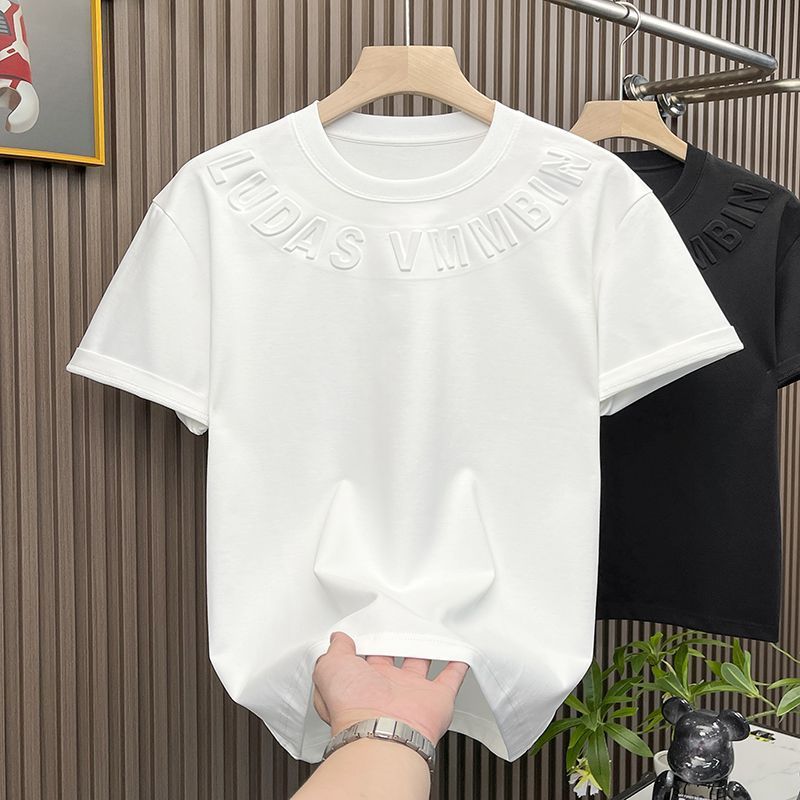 白Tシャツメンズ 立体ロゴ刺繍クルーネック半袖Tシャツ