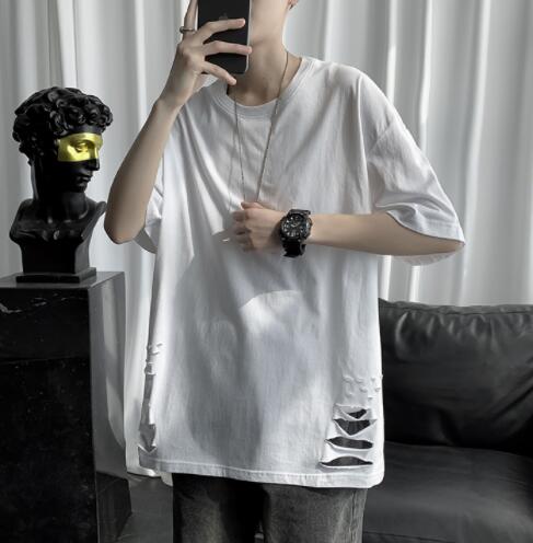 白Tシャツ メンズ白半袖ダメージ加工クルーネック半袖