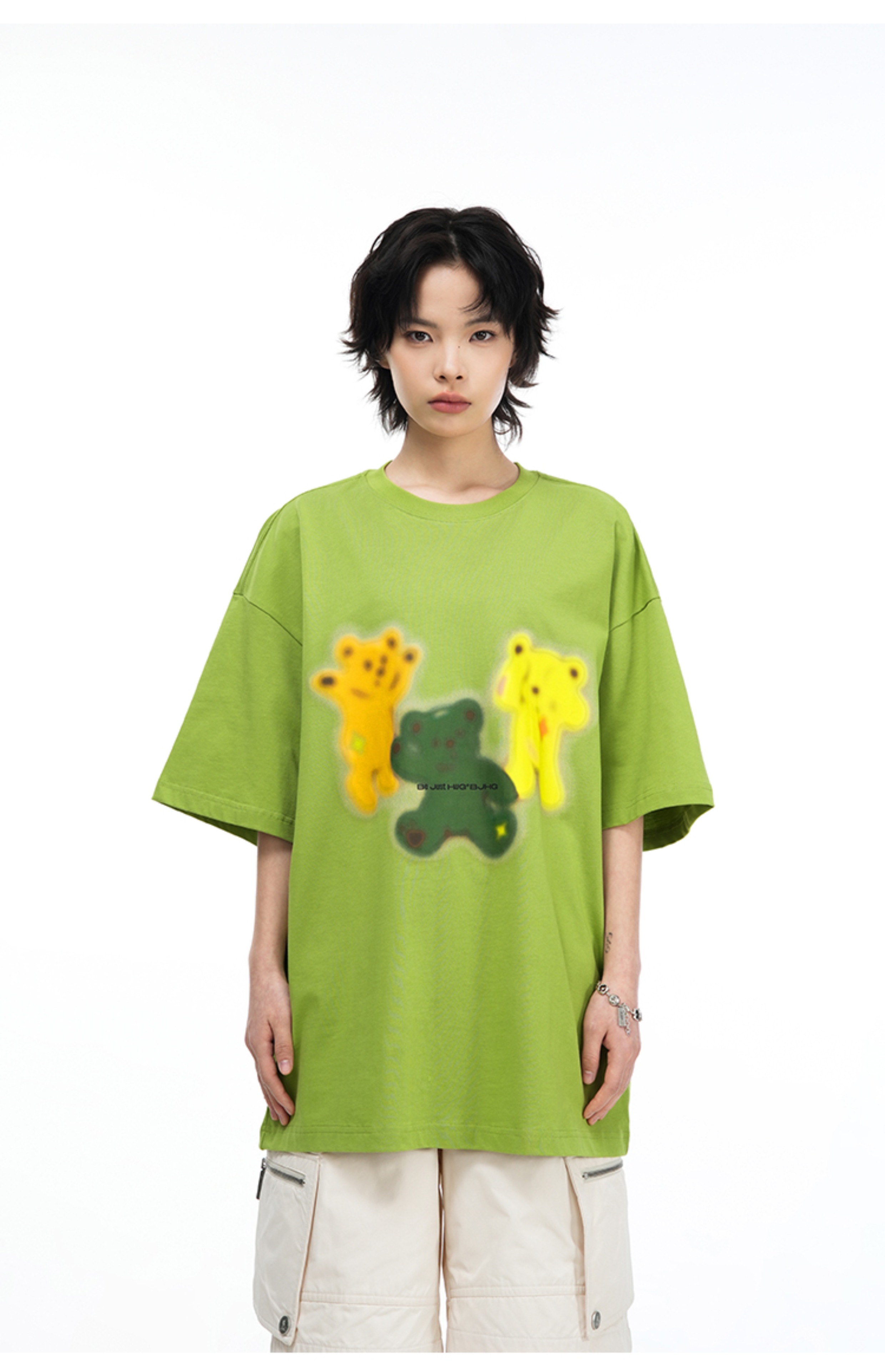 白Tシャツ メンズ 三色くまさん柄プリント半袖