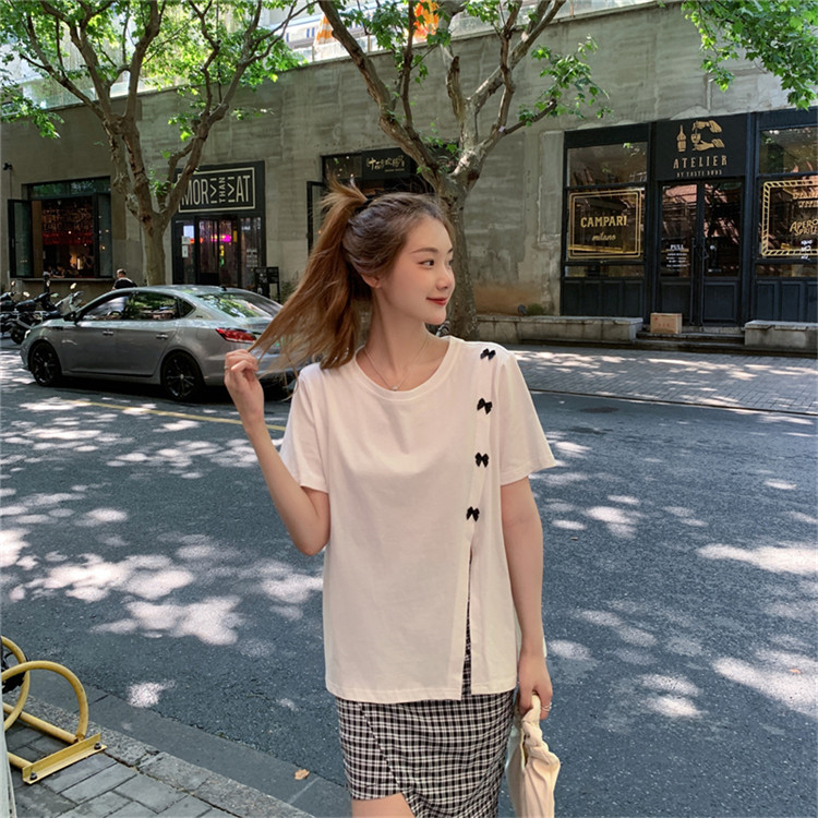 白Tシャツ 蝶結び装飾スリット入り半袖白色ティーシャツ