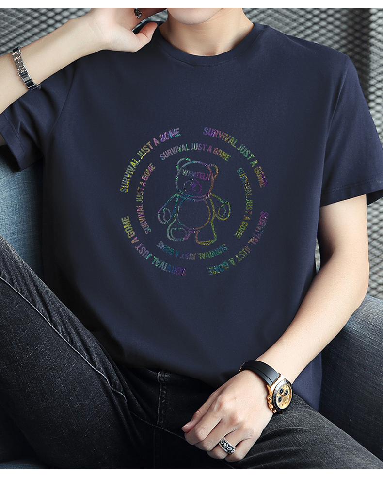 白Tシャツ メンズ くまさん円形刺繍カジュアル半袖