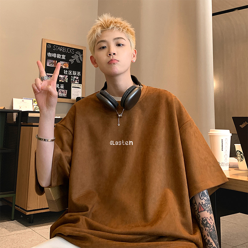 白Tシャツ メンズ シンプル刺繍入り五分袖カットソー