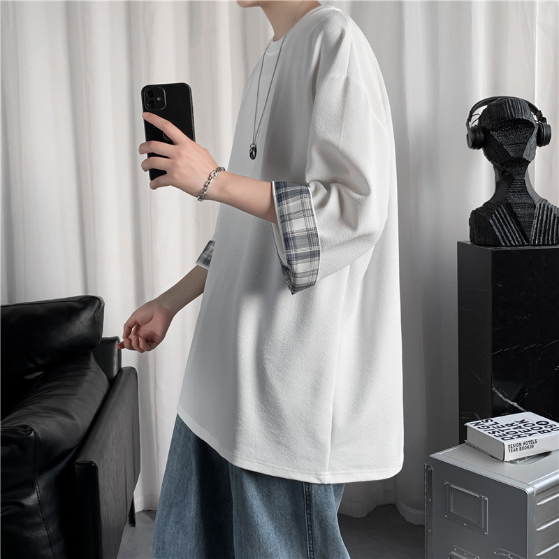 白Tシャツメンズ チェック柄切替袖口ゆったり五分袖クルーネック半袖