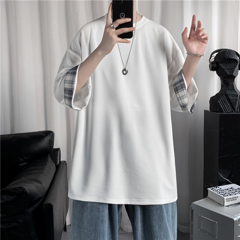 白Tシャツメンズ チェック柄切替袖口ゆったり五分袖クルーネック半袖