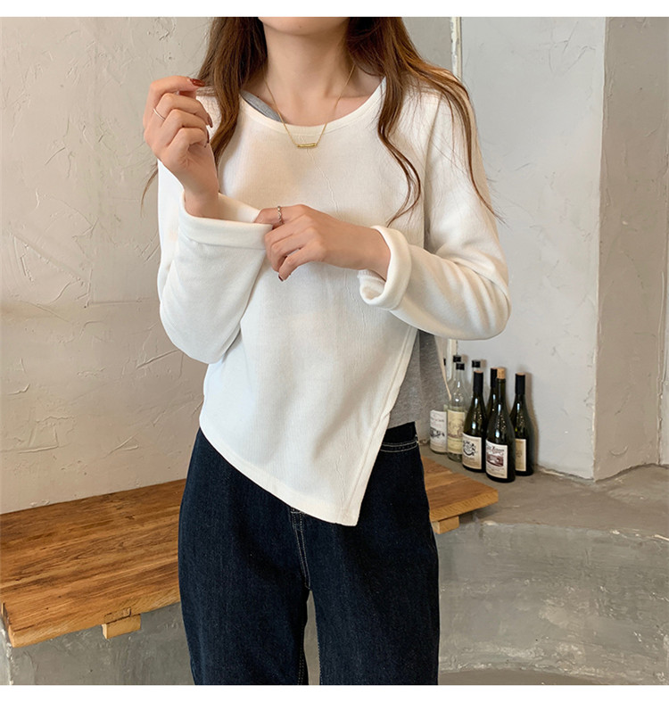 白Tシャツ 裏起毛重ね着風丸首長袖シャツ レディース