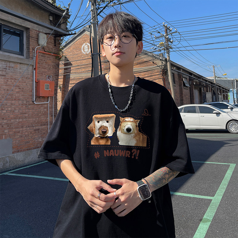 白Tシャツ メンズ パン顔わんこ ゆるプリント半袖