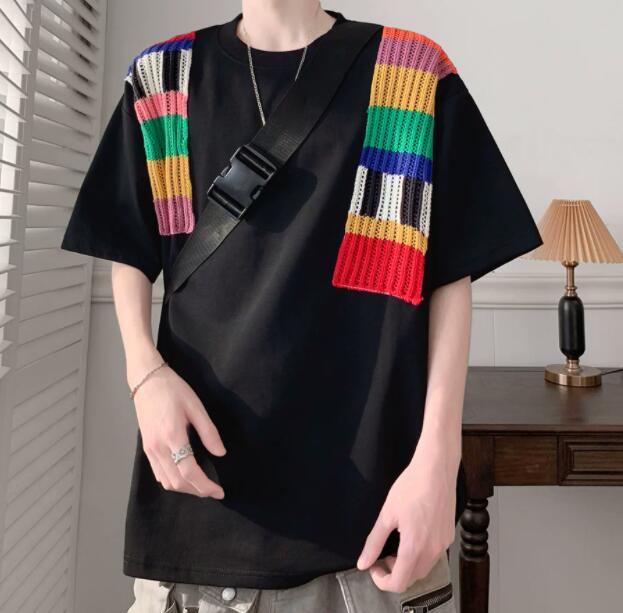 半袖白Tシャツ レインボー切り替えデザイン メンズ