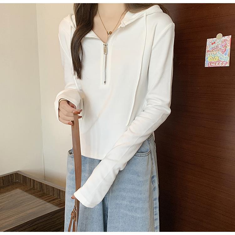 白Tシャツレディース ジップアップフード付き長袖カットソー