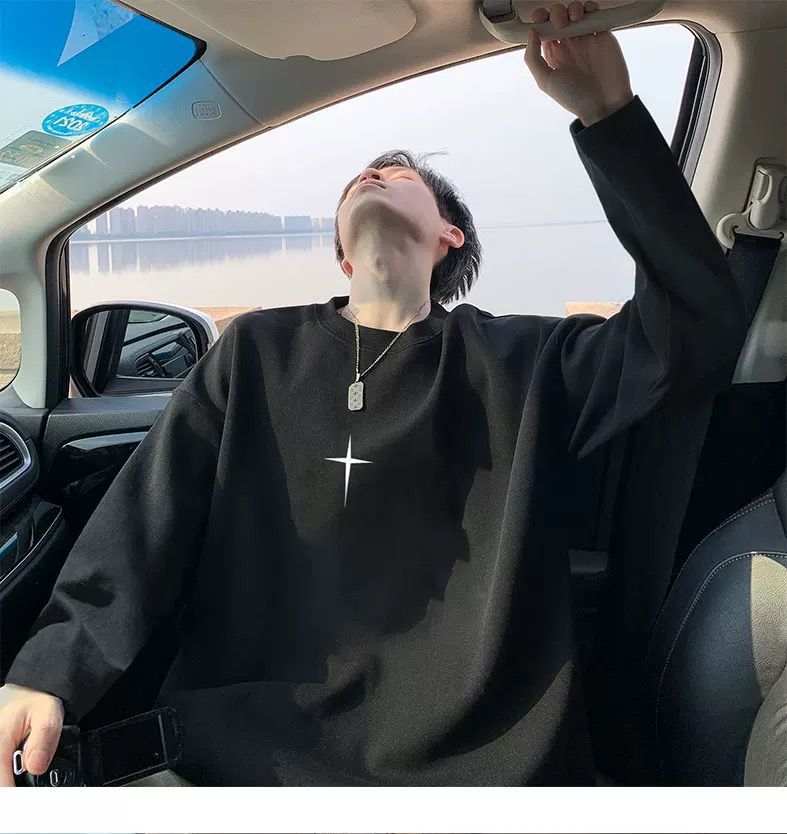 メンズ十字架プリント長袖白Tシャツゆったりシルエット