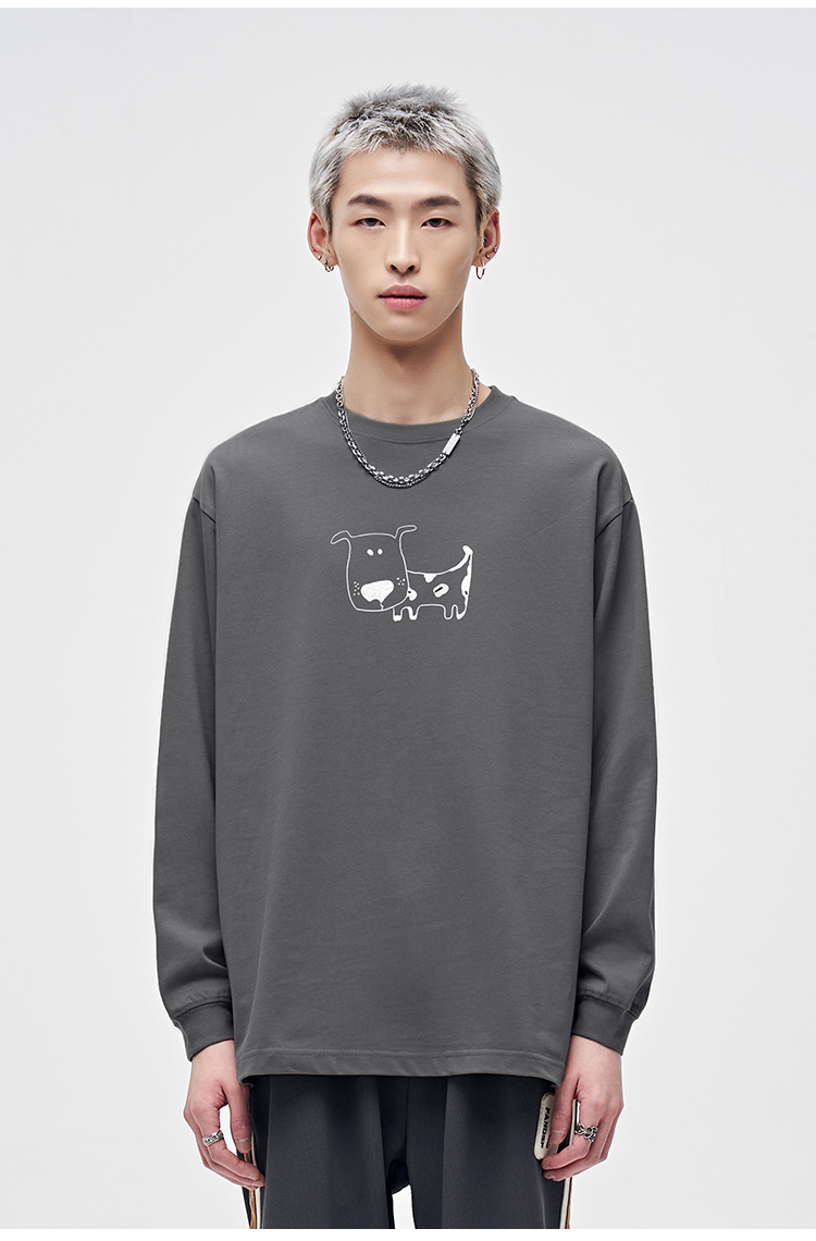 白Tシャツ メンズ わんこイラスト長袖ゆるシルエット