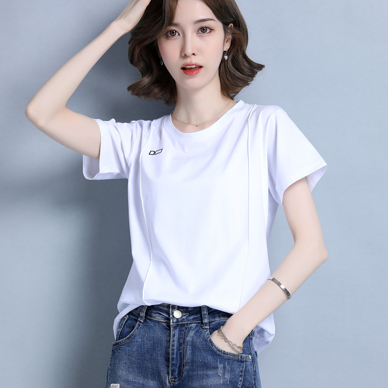 白Tシャツ レディース シンプル丸首ワンポイント半袖