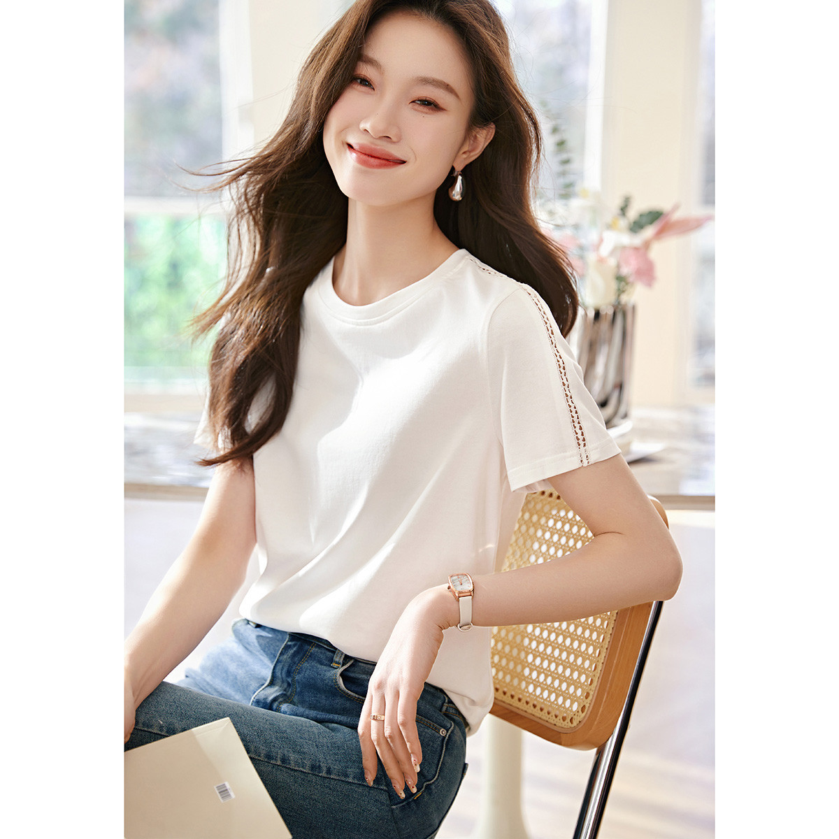白Tシャツ 袖レース切替えシンプル半袖丸首カットソー
