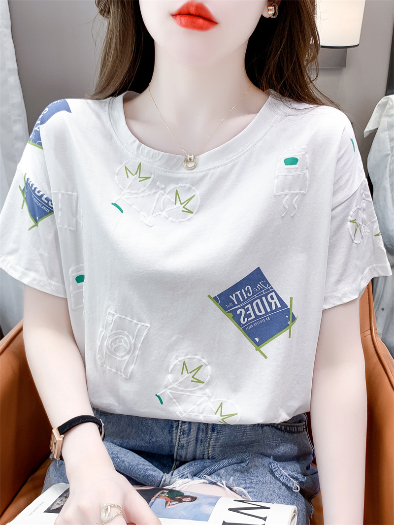 白Tシャツ レディース モダン柄プリントゆったり半袖