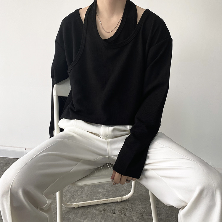 白Tシャツ 春夏メンズ重ね着風白色長袖シャツゆったりデザイン